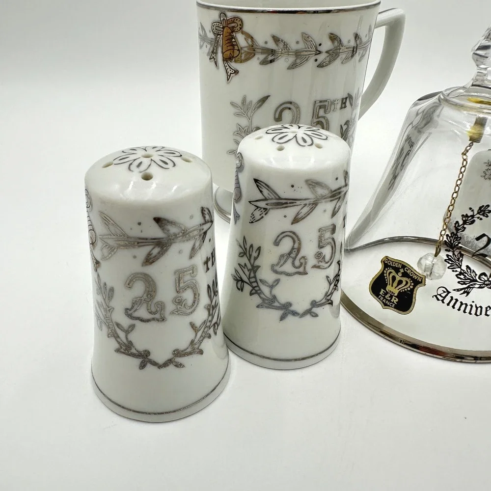 Lefton E&R France 25th Anniversary Porcelain Silver Cup Shakers Crystal Bell